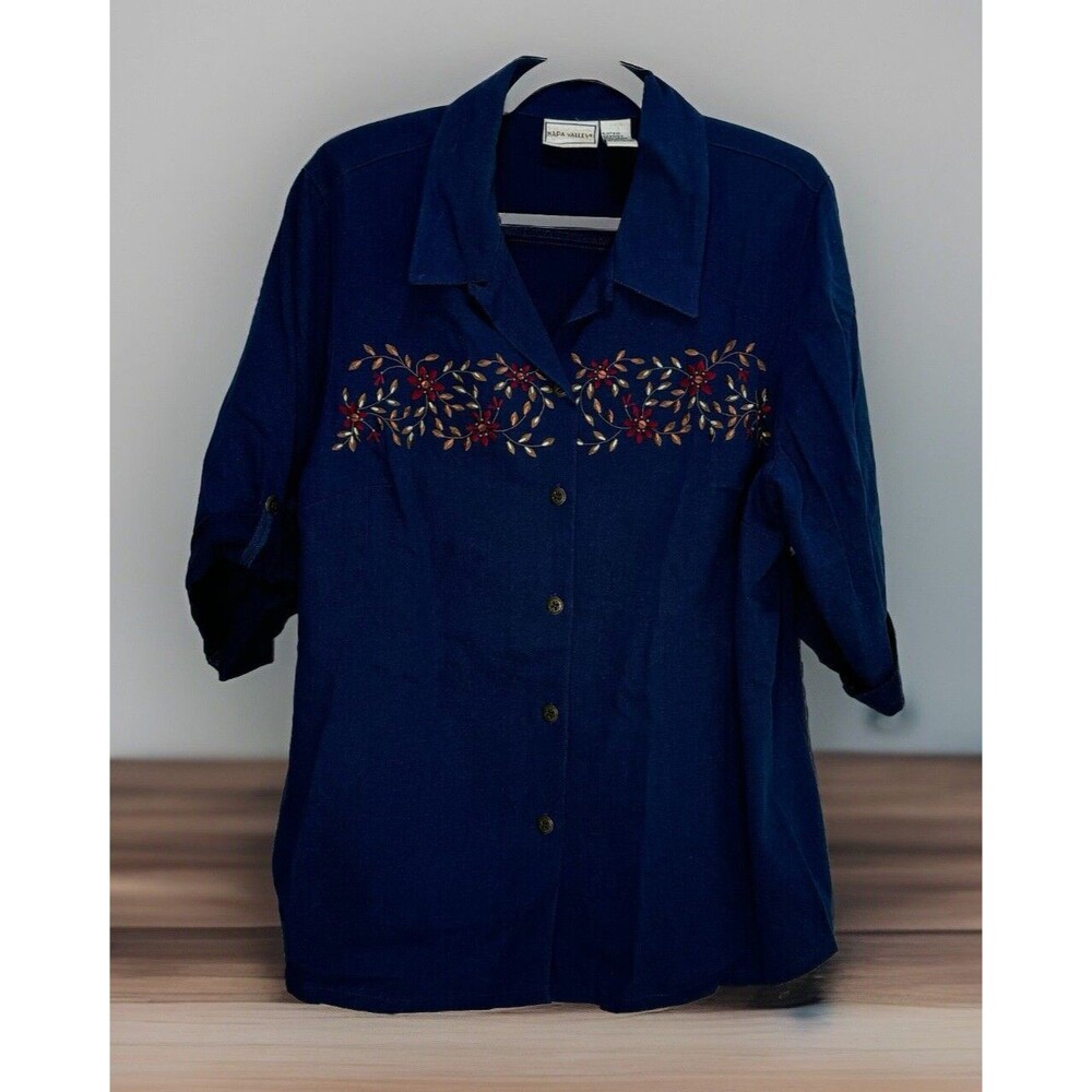Napa Valley Shirt Plus 1X Button Up Floral Embroidery Cottagecore Denim Style